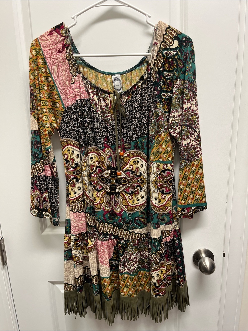Honeyme Boho Patchwork Fringe Tunic Dress Medium Paisley 3/4 Sleeve Made in USA